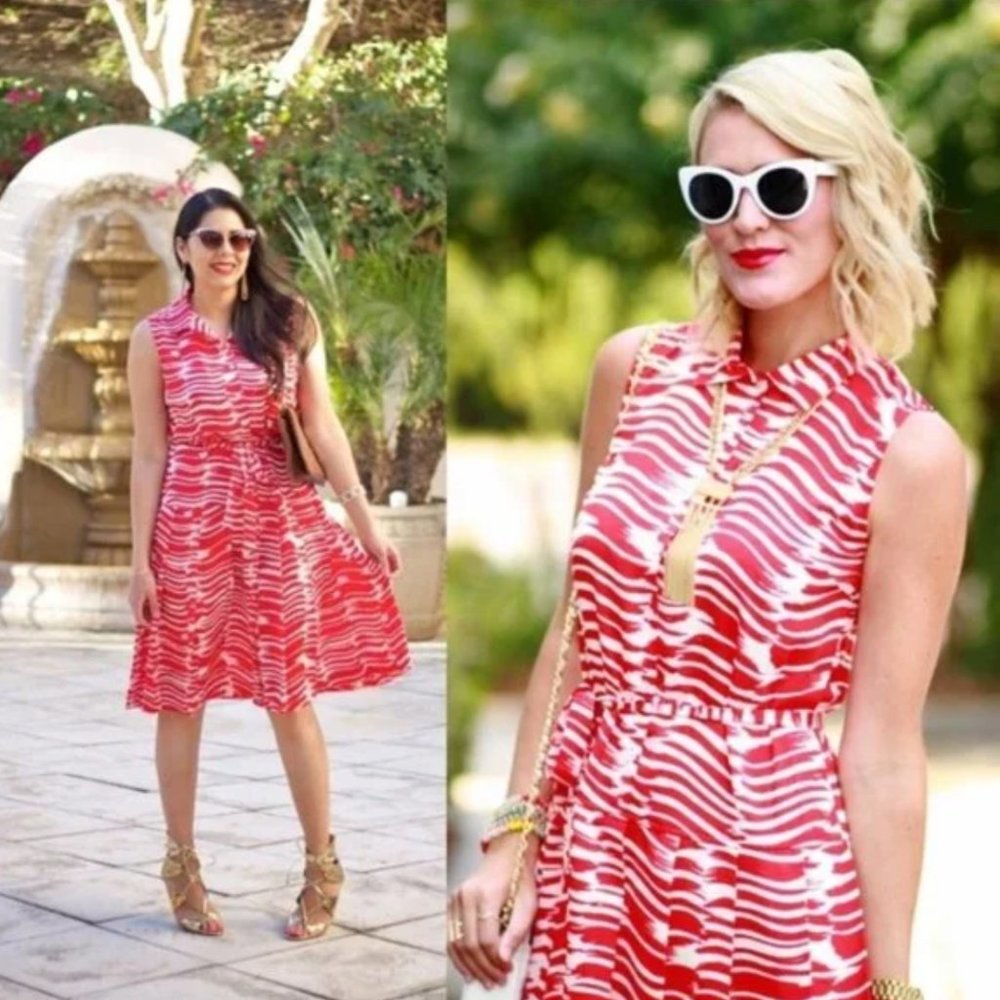 CAbi #281 Brushstroke Red Orange White Medium Shirt Dress with Belt Tie - Picture 7 of 9